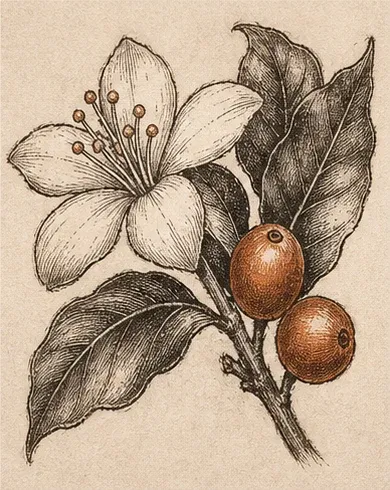 細密黑色線條描繪咖啡花、對生葉片與兩顆紅色咖啡果的植物版畫