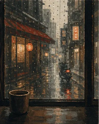 從室內窗邊望向台北雨夜，玻璃水痕、暖黃街燈與模糊人影交疊的水粉畫