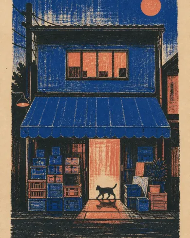 藍、珊瑚紅與黑色絲網版畫的街角雜貨店