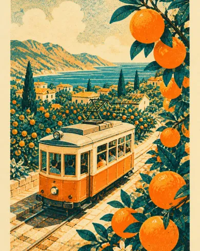 穿過海邊柑橘果園的橘色電車孔版印刷作品