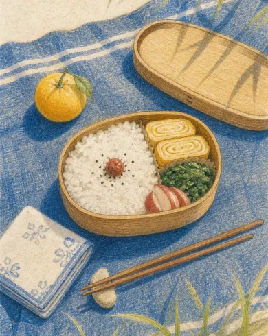 藍色野餐布上的木製便當、玉子燒、飯與柑橘色鉛筆畫