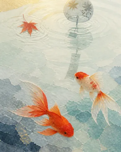 和紙水面中兩尾紅白金魚、楓葉與玻璃風鈴倒影拼貼