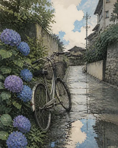 雨後日本住宅巷弄中的單車、藍紫陽花與水窪水粉畫