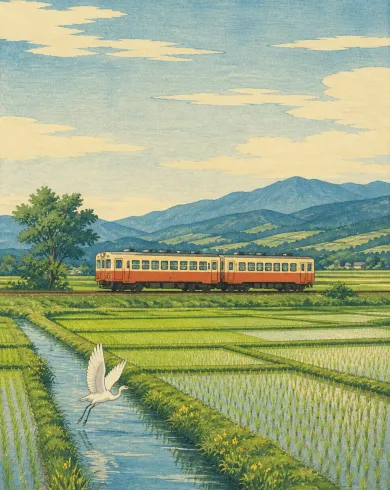 綠色稻田與水渠間行駛的雙節地方列車和白鷺木版風插畫