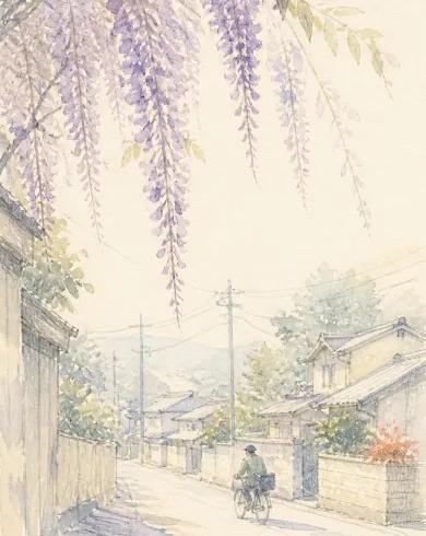 淡紫藤花下騎車穿過日本老街的透明水彩插畫