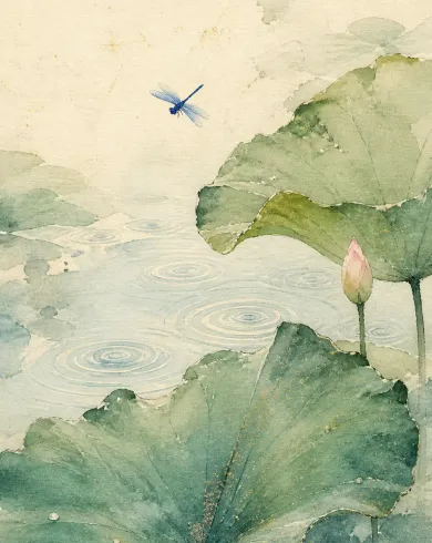 雨後荷葉、粉色花苞、藍蜻蜓與池面水圈透明水彩畫