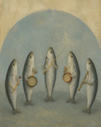 蛋彩畫作品，五尾銀色沙丁魚圍成半圓，用火柴與瓶蓋做成的小樂器認真彩排。直幅構圖保留清楚主體與手作質地。