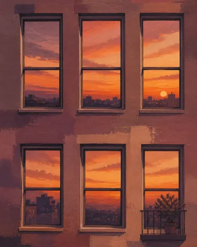 壓克力顏料與石墨作品，六扇公寓窗各自留著一段橘色夕陽，像住戶一起排練同一場黃昏。直幅構圖保留清楚主體與手作質地。