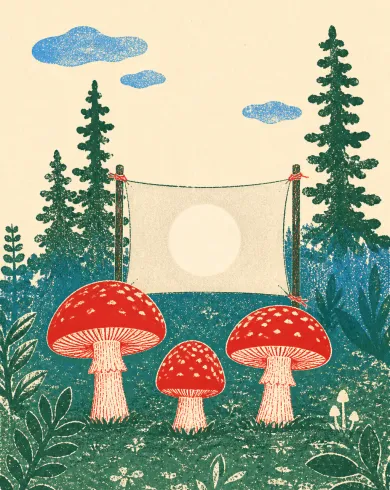 手工網版印刷作品，三朵紅帽蘑菇坐在戶外白幕前，放映內容只是一輪落在布上的陽光。直幅構圖保留清楚主體與手作質地。