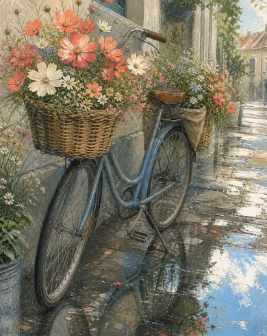 不透明水粉／色鉛筆作品，雨後街邊停著一輛花籃盛開的單車，濕地映出淡藍天空。直幅構圖保留清楚主體與手作質地。