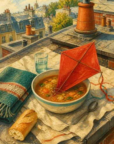 不透明水粉／色鉛筆作品，屋頂野餐桌上的紅風箏落進一碗湯，城市煙囪延伸到遠方。直幅構圖保留清楚主體與手作質地。