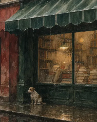 不透明水粉／色鉛筆作品，夏雨中的舊書店門口，一隻小狗躲在遮雨棚下等待。直幅構圖保留清楚主體與手作質地。