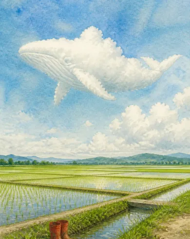 不透明水粉／色鉛筆作品，廣闊稻田上方，一朵自然形成的白雲像鯨魚緩慢游過。直幅構圖保留清楚主體與手作質地。