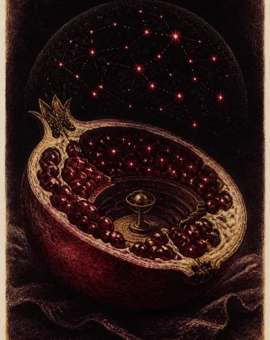手工版畫／套色油墨作品，剖開石榴像一座深色天文館，紅色果籽沿弧線成為星群。直幅構圖保留清楚主體與手作質地。