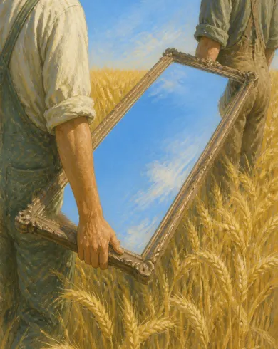 不透明水粉／色鉛筆作品，兩名友人穿過麥田搬運長鏡，鏡面只映出開闊藍天。直幅構圖保留清楚主體與手作質地。