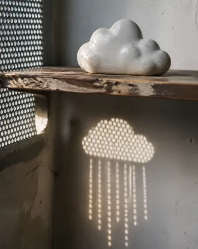 自然光類比攝影／實體佈景作品，木架上的白色陶雲，透過金屬孔板在牆上投下雨滴形影子。直幅構圖保留清楚主體與手作質地。