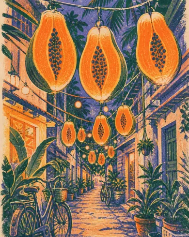 手工版畫／套色油墨作品，剖半木瓜像橘色燈籠懸掛在熱帶巷弄與單車上方。直幅構圖保留清楚主體與手作質地。