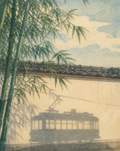 手工版畫／套色油墨作品，竹林影子在淡色牆面彎曲，逐漸形成老電車輪廓。直幅構圖保留清楚主體與手作質地。