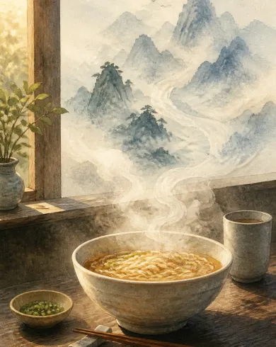 不透明水粉／色鉛筆作品，晨光桌上的麵碗冒出濃霧般蒸氣，蒸氣逐漸形成山脈。直幅構圖保留清楚主體與手作質地。