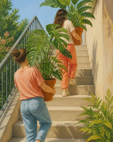 不透明水粉／色鉛筆作品，兩名女子沿戶外樓梯合力搬運大型盆栽，葉片遮住部分身影。直幅構圖保留清楚主體與手作質地。