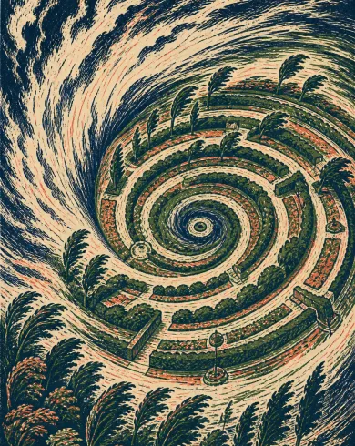 手工版畫／套色油墨作品，俯視螺旋花園與被風吹彎的樹，路徑形成巨大颱風眼。直幅構圖保留清楚主體與手作質地。