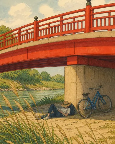 不透明水粉／色鉛筆作品，正午紅色步橋下，一人與單車在河岸陰影裡休息。直幅構圖保留清楚主體與手作質地。