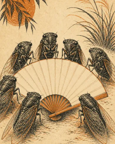 手工版畫／套色油墨作品，多隻蟬圍在一把張開的空白折扇旁，像正在開會。直幅構圖保留清楚主體與手作質地。