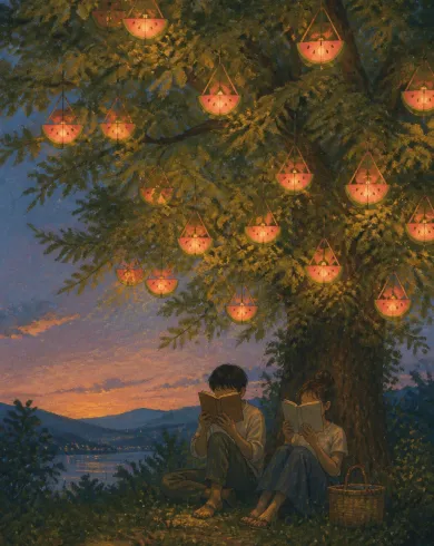 不透明水粉／色鉛筆作品，暮色樹下兩人低頭閱讀，枝頭掛著像果實的暖色小燈。直幅構圖保留清楚主體與手作質地。