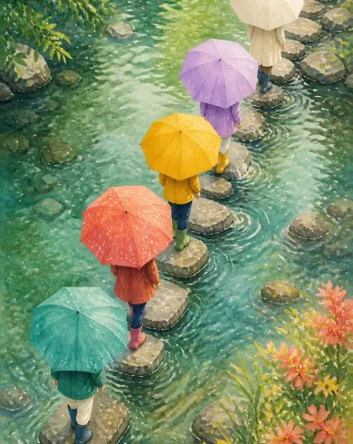 不透明水粉／色鉛筆作品，多名行人從高處看沿踏石渡河，各自撐著不同顏色雨傘。直幅構圖保留清楚主體與手作質地。