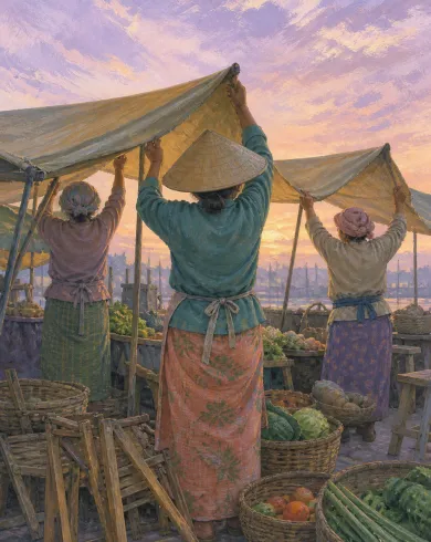 不透明水粉／色鉛筆作品，三名攤販背對畫面，在日出前合力撐起帆布棚與整理菜籃。直幅構圖保留清楚主體與手作質地。