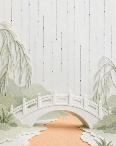 手工紙材拼貼／立體組構作品，白紙拱橋跨過杏色撕紙河流，藍色縫線像雨從上方落下。直幅構圖保留清楚主體與手作質地。