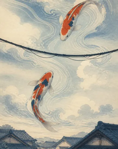 手工版畫／套色油墨作品，兩尾錦鯉在瓦屋頂上方的天空游動，環繞一條下垂電線。直幅構圖保留清楚主體與手作質地。