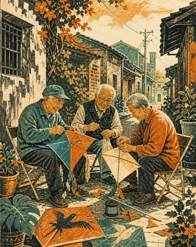 手工版畫／套色油墨作品，描繪三位長者在老巷弄裡一起修補彩色紙風箏。直式構圖保留清晰主體、自然材質與光線細節。