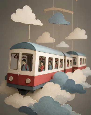 手工紙藝／立體拼貼作品，描繪懸吊紙雕電車穿過一層層手剪白雲。直式構圖保留清晰主體、自然材質與光線細節。