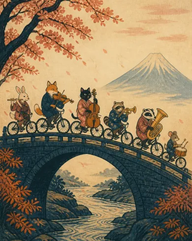 手工版畫／套色油墨作品，描繪帶著不同樂器的單車隊伍越過拱橋。直式構圖保留清晰主體、自然材質與光線細節。