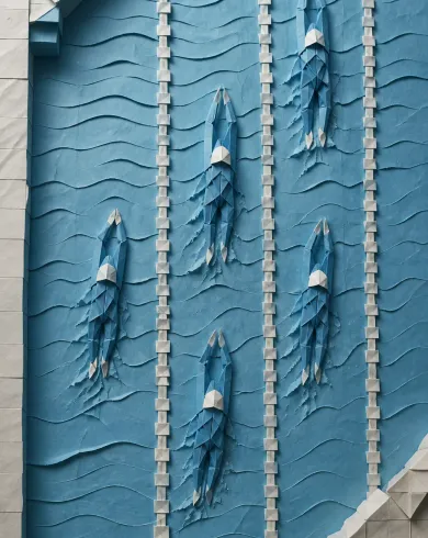 手工紙藝／立體拼貼作品，描繪藍紙折成整齊又略帶差異的泳道與游泳者節奏。直式構圖保留清晰主體、自然材質與光線細節。