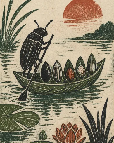 手工版畫／套色油墨作品，描繪甲蟲駕駛葉片渡輪，載著種子乘客穿過池塘。直式構圖保留清晰主體、自然材質與光線細節。