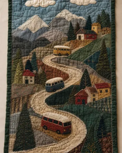 手工紙藝／立體拼貼作品，描繪布料山脈、縫線公路與小巴士組成拼布路線圖。直式構圖保留清晰主體、自然材質與光線細節。