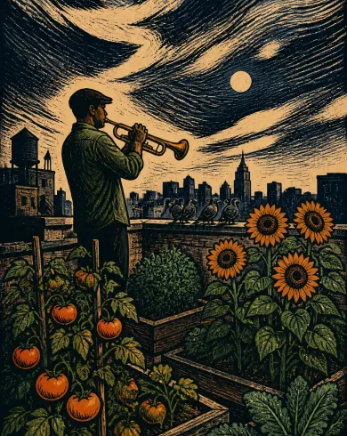 手工版畫／套色油墨作品，描繪屋頂菜園裡的演奏者對著番茄、向日葵與鴿子吹小號。直式構圖保留清晰主體、自然材質與光線細節。