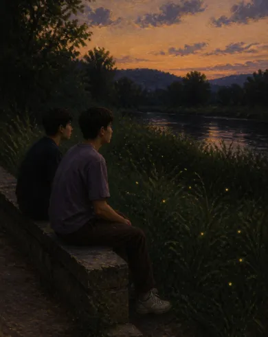 混合媒材繪畫／紙上創作作品，描繪兩位朋友在暮色河岸安靜看著草間螢火蟲。直式構圖保留清晰主體、自然材質與光線細節。
