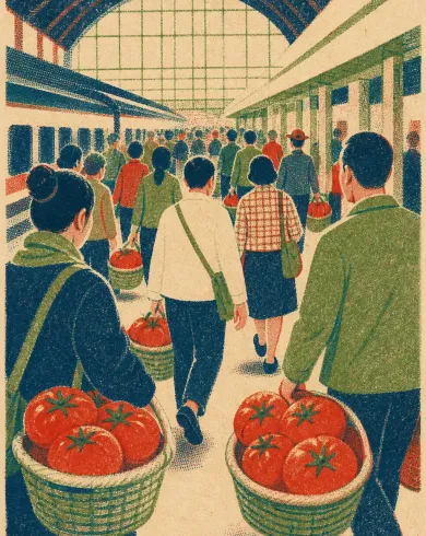 手工版畫／套色油墨作品，描繪通勤人群提著巨大番茄籃穿過明亮車站大廳。直式構圖保留清晰主體、自然材質與光線細節。