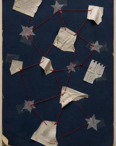 手工紙藝／立體拼貼作品，描繪無字收據、描圖紙星星與紅線在深藍紙上組成星座。直式構圖保留清晰主體、自然材質與光線細節。