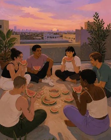 混合媒材繪畫／紙上創作作品，描繪六位朋友在晚霞屋頂圍成鬆散圓圈分享西瓜。直式構圖保留清晰主體、自然材質與光線細節。