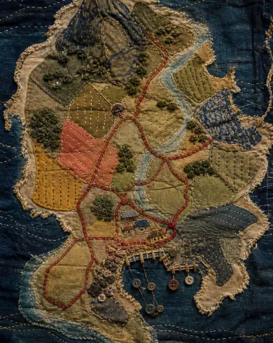 手工紙藝／立體拼貼作品，描繪舊布拼成島嶼，以紅線作道路、鈕扣與棉線作港口。直式構圖保留清晰主體、自然材質與光線細節。