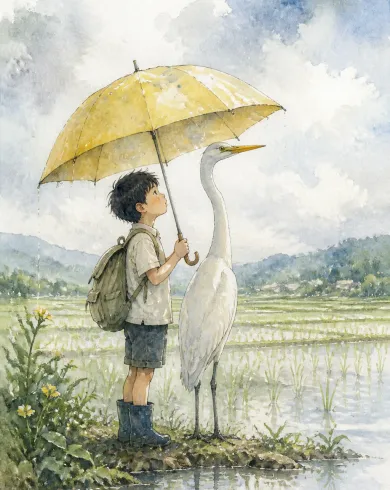 混合媒材繪畫／紙上創作作品，描繪男孩與高大的白鷺在水田邊共撐一把黃色雨傘。直式構圖保留清晰主體、自然材質與光線細節。