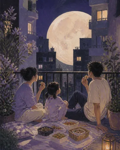 混合媒材繪畫／紙上創作作品，描繪一家人在公寓陽台簡單野餐，巨大淡月從鄰樓之間升起。直式構圖保留清晰主體、自然材質與光線細節。