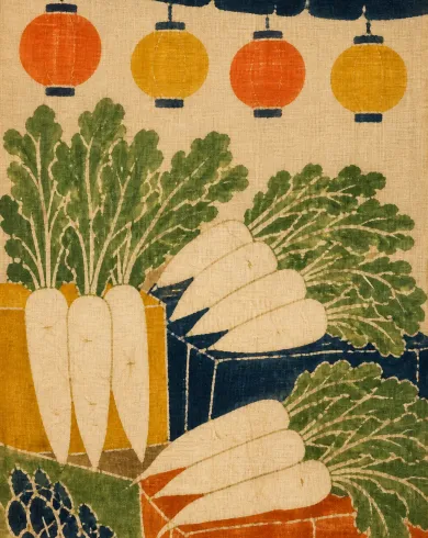 手工型染／防染棉麻作品，描繪白蘿蔔、葉片與小燈籠組成熱鬧而簡潔的型染市集圖案。直式構圖保留清楚主體與真實工藝材質。
