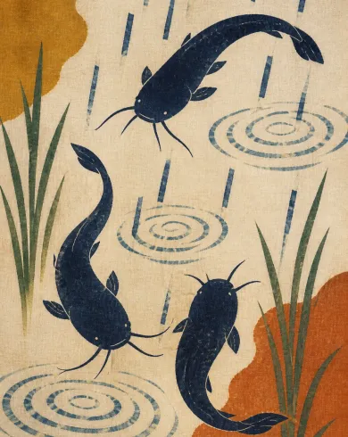 手工型染／防染棉麻作品，描繪三尾鯰魚穿過雨紋與水草的民藝型染畫面。直式構圖保留清楚主體與真實工藝材質。