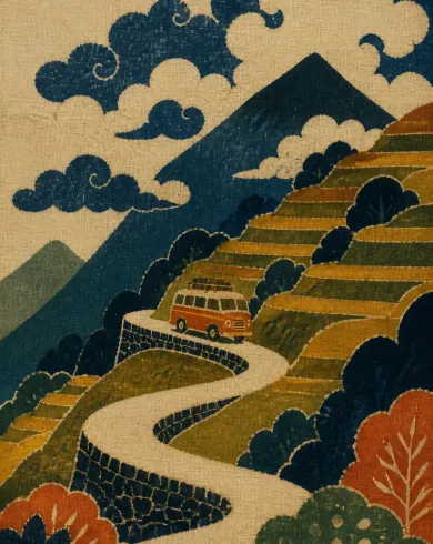 手工型染／防染棉麻作品，描繪小巴士沿著陡峭山路爬入層疊雲紋的型染圖景。直式構圖保留清楚主體與真實工藝材質。