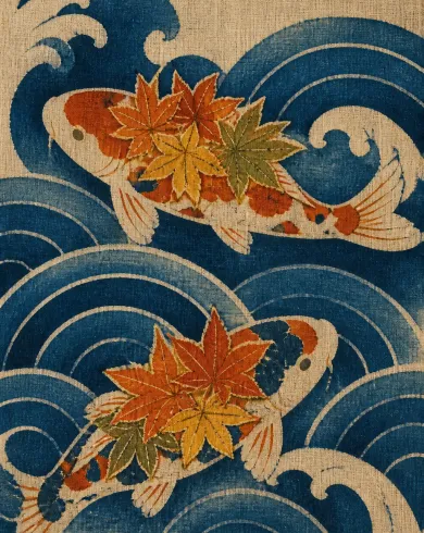手工型染／防染棉麻作品，描繪錦鯉托著楓葉與波紋游過深色型染布面。直式構圖保留清楚主體與真實工藝材質。